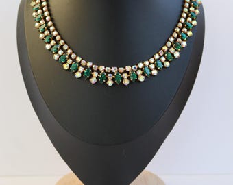 Green and aurora borealis sparkly glass crystals necklace 1950s