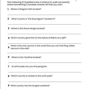 May include: A white quiz sheet with the title "PIN POINT IT!" and ten location-based questions. The sheet has spaces for the team name and date, and a colourful "QUIZ" graphic.