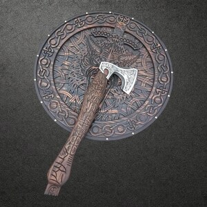 Fenrir Viking Shield & Axe Set | Handmade Norse Wolf Shield with Hand Forged Carbon Steel Axe | Medieval Viking Décor