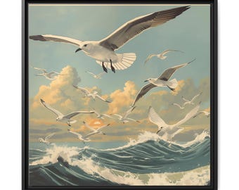 Gaviotas sobre el océano, lienzo mate enmarcado
