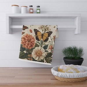 Blumenmuster Schmetterling Geschirrtuch, Küche Dekor, Baumwolle Handtuch, Gastgeberin Geschenk, Frühling Home Decor, Botanische Geschirrtuch