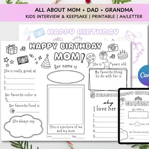 Op de afbeelding: Een zwart-wit printbaar kinderinterview- en aandenkingsblad met de tekst "HAPPY BIRTHDAY MOM!" en "HAPPY BIRTHDAY GRANDMA!". Het blad bevat invulsecties voor naam, leeftijd en favoriete dingen. Een tablet toont een vergelijkbaar ontwerp.