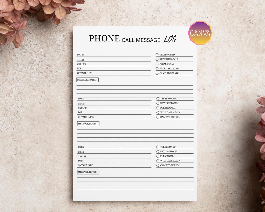 Phone Call Message Log Printable Canva Template A4 US Letter Office ...
