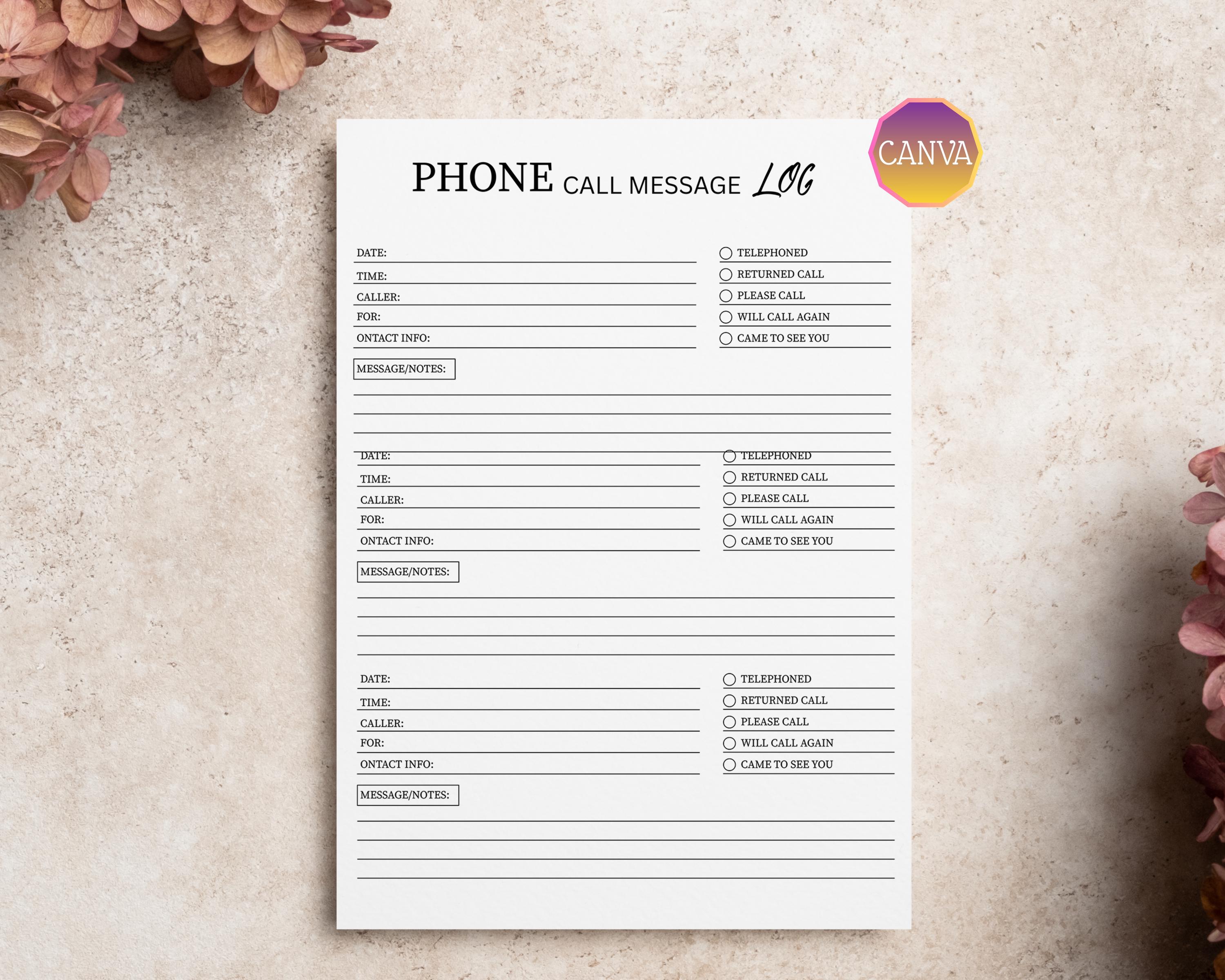 Printable Message Paper Phone Call Message Log Printable Canva Template A4 US Letter Office ...