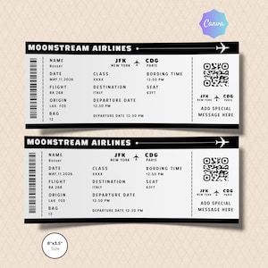 May include: Two mock airline tickets with the text "MOONSTREAM AIRLINES". The tickets include flight details such as name, date, flight number, origin, destination, and boarding time. The tickets are 8" x 3.5" in size.