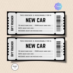 Könnte beinhalten: Zwei rechteckige Geschenkgutscheine mit den Maßen 20,32 cm mal 8,89 cm, mit schwarzem Text auf weißem Hintergrund. Die Gutscheine tragen die Aufschrift THIS VOUCHER IS REDEEMABLE FOR A NEW CAR, mit Feldern für Empfänger, Absender, Datum und Nachricht sowie einem Strichcode.
