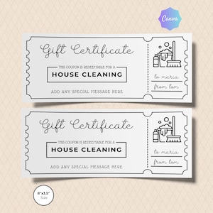 May include: Two white gift certificates with black text and a decorative border. The certificates read "Gift Certificate" and "House Cleaning." Each includes a cleaning supplies graphic and space for a message. Size is 8"x3.5".