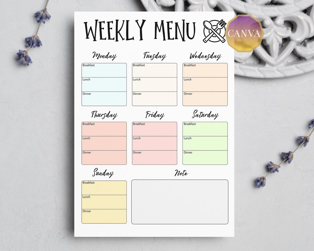 Weekly Menu Planner Printable, Weekly Meal Planner Template, Breakfast ...