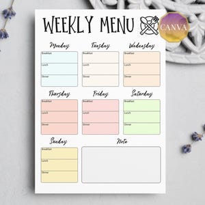 May include: A white weekly menu planner with the text "WEEKLY MENU" at the top. The planner is divided into days of the week, with sections for breakfast, lunch, and dinner. The Canva logo is in the upper right corner.