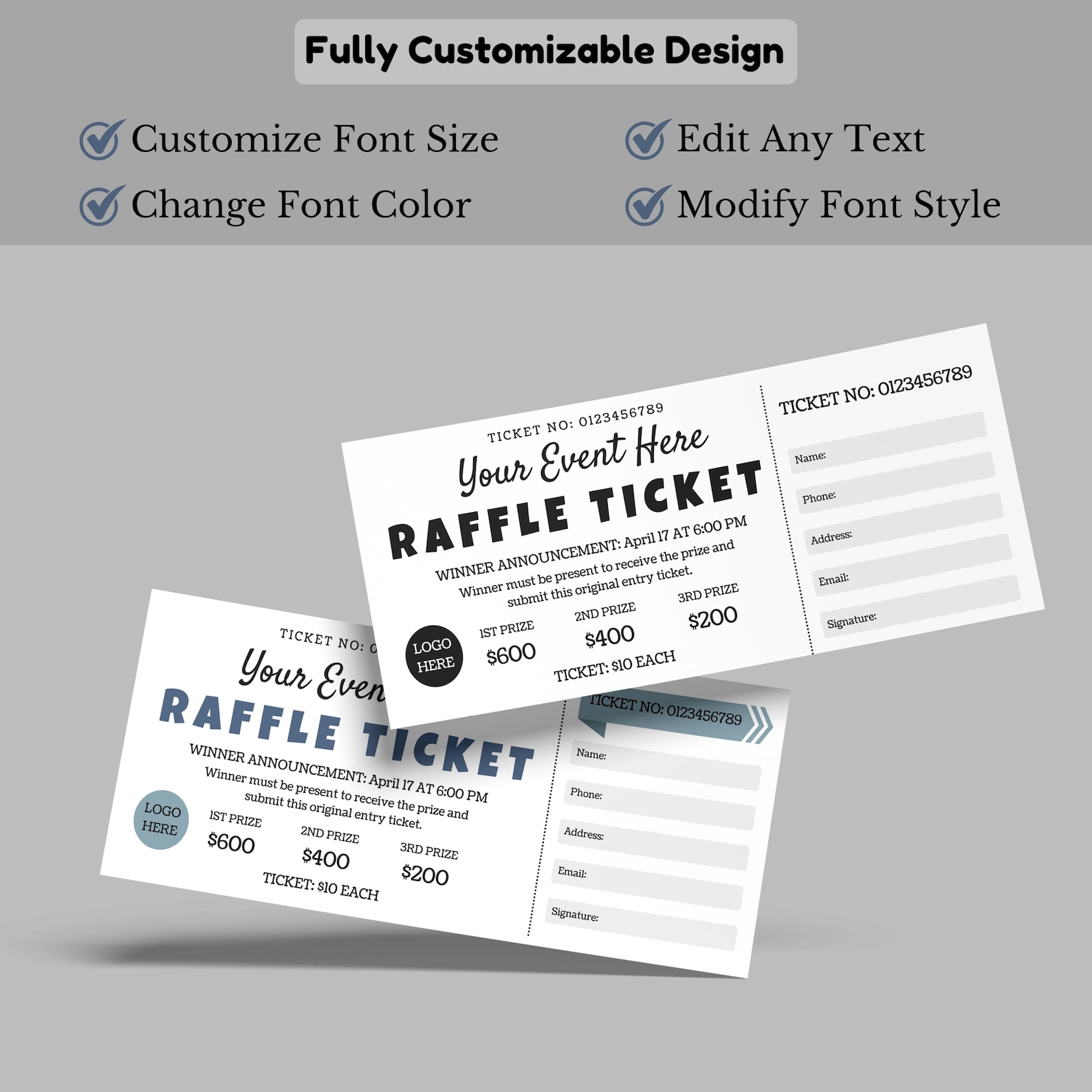 Editable Raffle Ticket Template, Fundraiser Entry Stub, Charity Draw ...