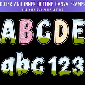 Può includere: Cornici Canva colorate con alfabeto e numeri, con contorno esterno e interno. Le lettere A, C, D, E, a, b e c hanno un design cielo ed erba. La lettera B è rosa con un motivo floreale. Sono inclusi anche i numeri 1, 2 e 3.