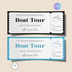 以下が含まれることがあります： 「Boat Tour」の文字が入った、黒と青の2種類のボートツアーのクーポン。各クーポンには、場所、日付、機会、送信者と受信者の名前を追加するスペースがあります。サイズは20.3cm x 8.9cmです。