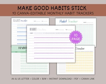Monthly Habit Tracker Printable, 30 Day Habit Challenge, Editable Canva Template, Daily Routine Goal Tracker, A4 US Letter PDF