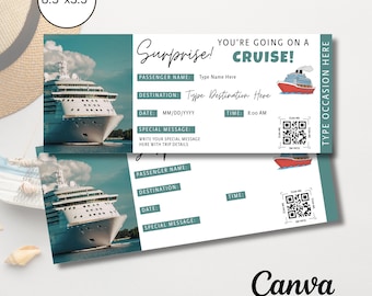 Verrassingscruise ticketsjabloon bewerkbare reisvoucher afdrukbare instapkaart cadeau-onthulling.