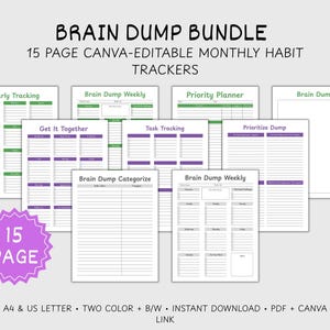 Pode incluir: Um conjunto de 15 páginas de rastreadores de hábitos mensais editáveis no Canva. As páginas incluem "Yearly Tracking", "Brain Dump Weekly", "Get It Together", "Task Tracking" e "Priority Planner". O design apresenta detalhes em verde e roxo. O texto "Brain Dump Bundle" está no topo.