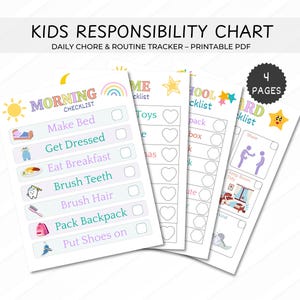 Op de afbeelding: Een set van vier afdrukbare kinder verantwoordelijkheidstabellen. De tabellen bevatten checklists voor ochtend-, speeltijd-, school- en beloningstaken. De "Ochtend Checklist" bevat taken zoals bed opmaken, aankleden en tandenpoetsen. De tabellen zijn versierd met kleurrijke illustraties.