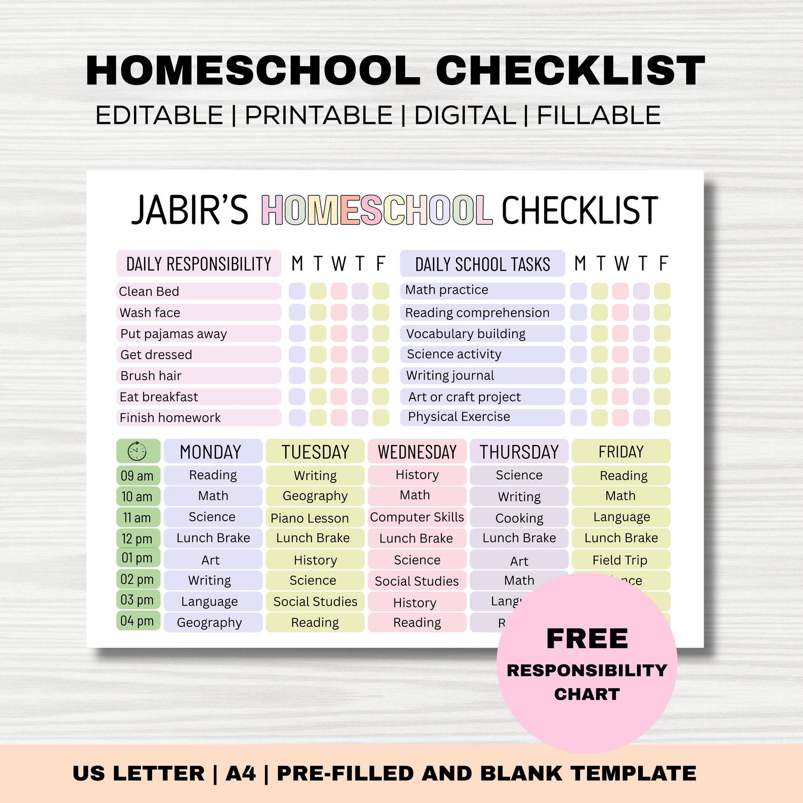 Editable Homeschool Checklist Template, Printable Homeschool Daily