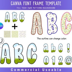 May include: A Canva font frame template with various letter and number designs. The image showcases uppercase and lowercase letters, numbers, and symbols with different patterns and colors, including floral and landscape designs. Text includes "CANVA FONT FRAME TEMPLATE" and "Commercial Useable."
