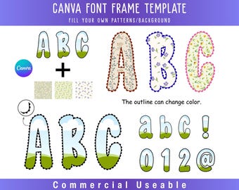 Canva-kadersjabloon alfabet, preppy kanten rand, geschulpt monogram, doodlestijl, bewerkbare invulbare clipart