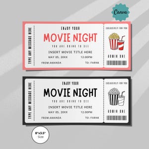 May include: Two movie night tickets with a pink and black border. The tickets read "Enjoy Your Movie Night" and include space for a movie title, date, and time. Each ticket has a popcorn and drink graphic.