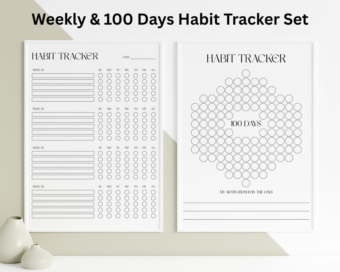 Weekly & 100 Day Habit Tracker Printable Set | Minimalist Habit Tracker ...