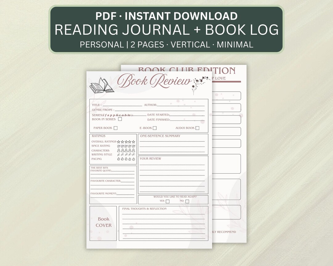 Printable Reading Journal Template – Book Review Tracker (PDF Download ...