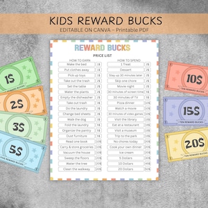 May include: Colorful printable reward bucks for kids, with denominations from $1 to $20. The image includes a price list for earning and spending the reward bucks, with tasks like making the bed and taking out the trash.
