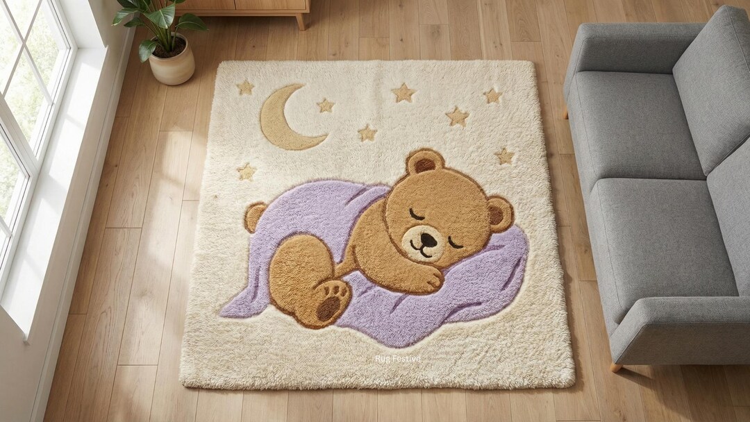 Baby Sleep Rug Sleeping Teddy Bear Rug | Hand-tufted Wool Nursery Carpet, Moon Stars ...
