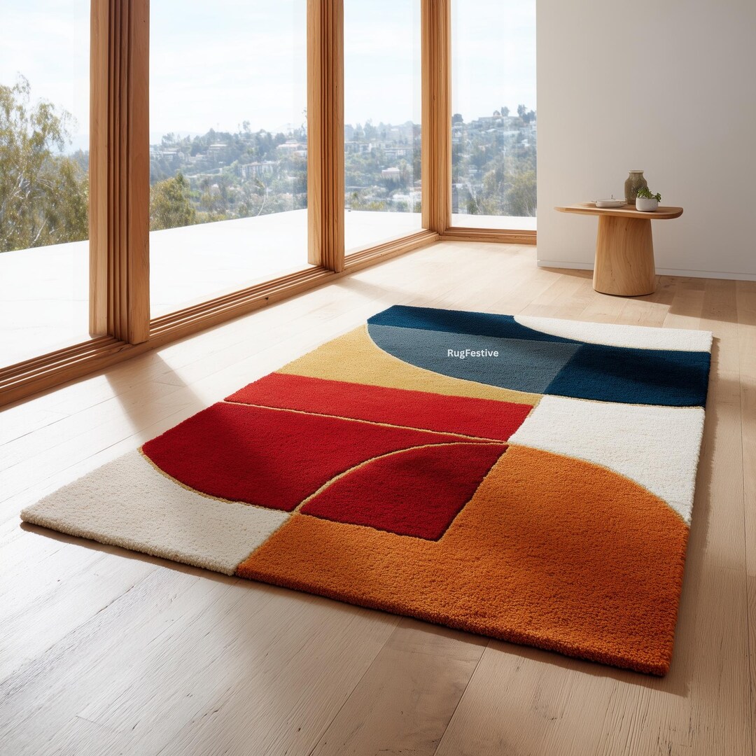 5x8 Rectangular Rug 5x8 Feet Rectangle Modern Geometric Color Block Rug | Red, Blue, Orange ...