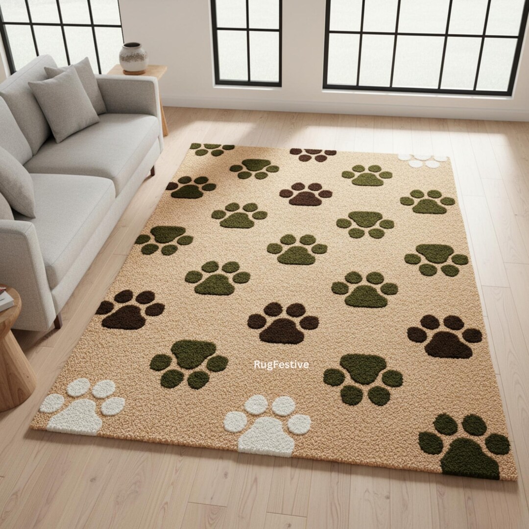 Dogtooth Rug Hand-tufted Wool Paw Print Rug | Beige Brown Pet Lover Carpet - Etsy