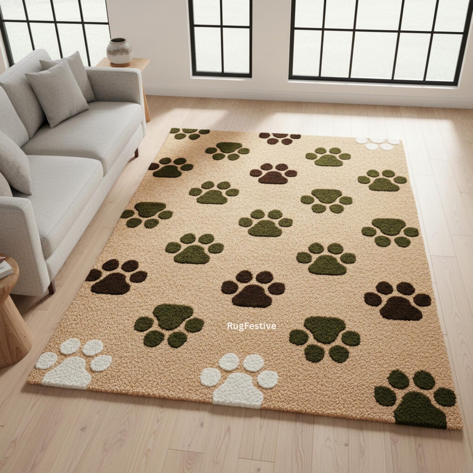 Hand-tufted Wool Paw Print Rug | Beige Brown Pet Lover Carpet - Etsy