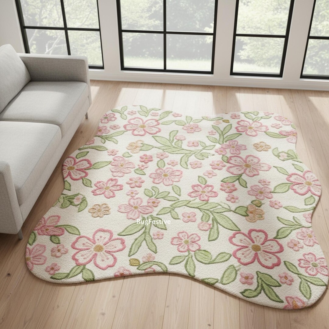 Floral Bloom Wool Rug | Handmade Pink Flower Carpet | Irregular Shape ...