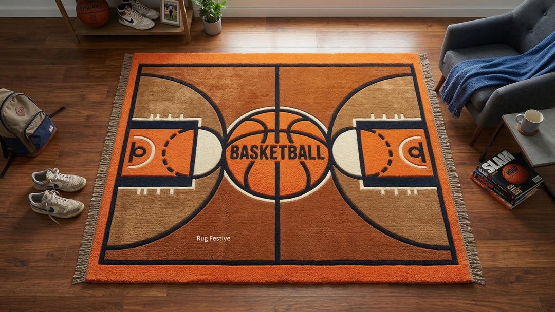 Basketball Court Area Rug | Sports Theme Carpet | Kids Game Room Decor ...