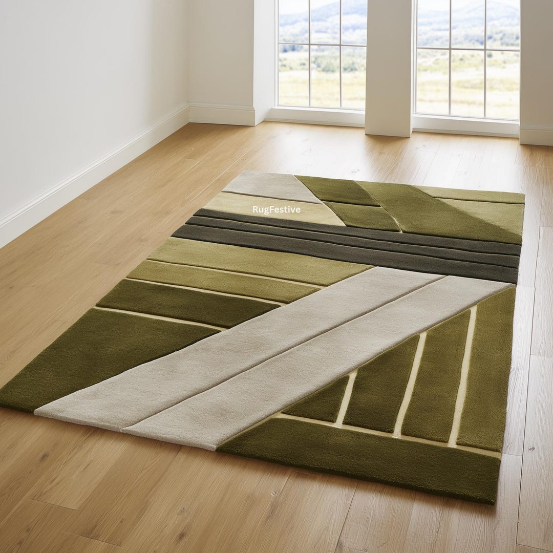 Modern Olive Green Geometric Rug | Abstract Contemporary Area Carpet ...
