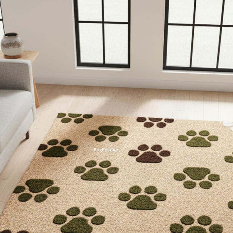 Hand-tufted Wool Paw Print Rug | Beige Brown Pet Lover Carpet - Etsy