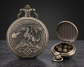 Fire Dragon Pocket Watch Dice Set, Mini Polyhedral DND Dice