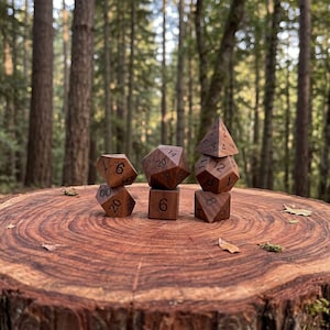 Puede incluir: Un conjunto de dados poliédricos de madera, incluyendo D4, D6, D8, D12, D20 y D00, están dispuestos sobre un tocón de árbol. Los dados son de color marrón oscuro, con numeración blanca. El fondo es una escena borrosa del bosque.