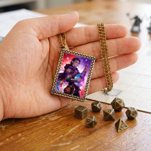 Elf Bard Dice Necklace, 7 Mini Metal Dice Spellbook Pendant, DND RPG Gift for DM Player