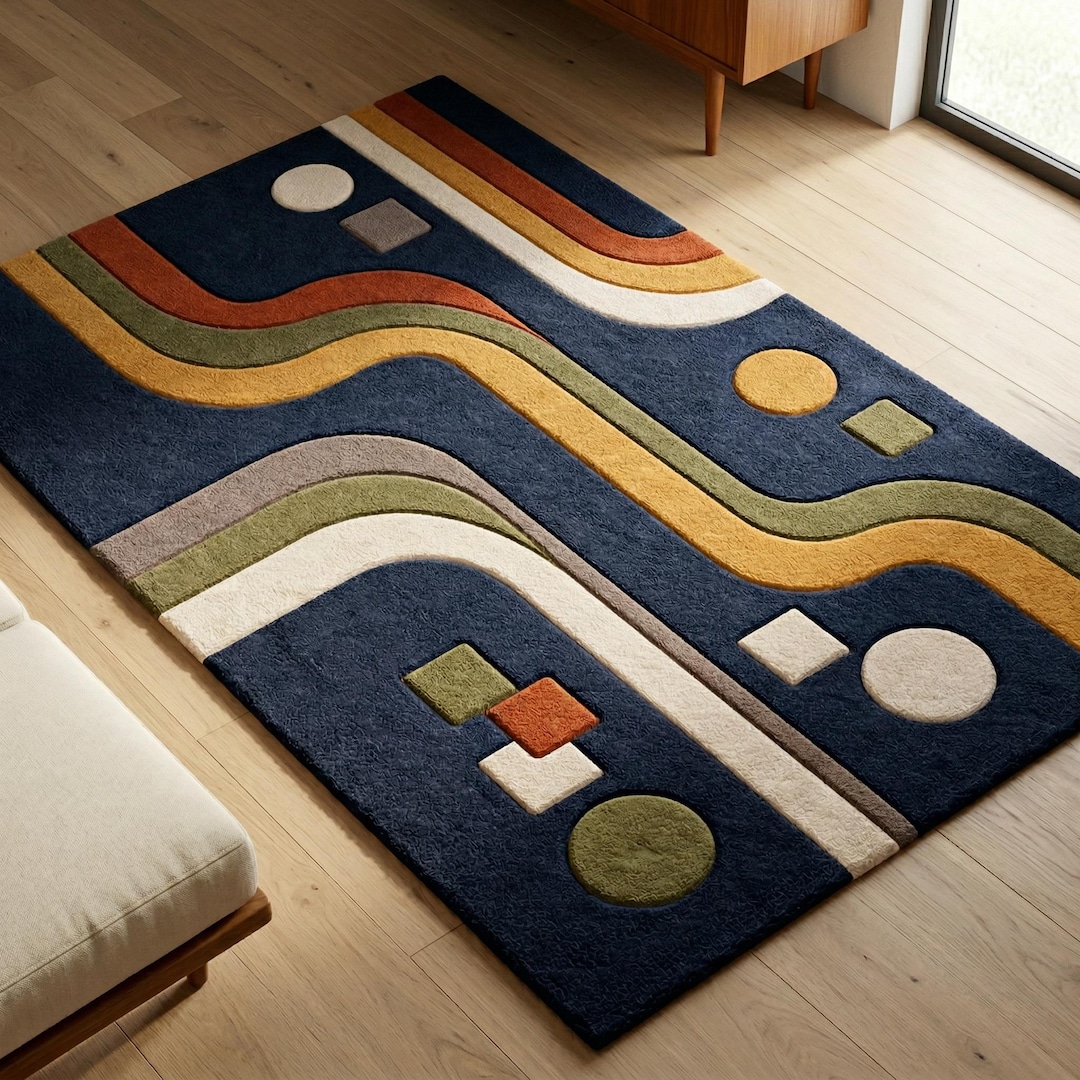 Retro Navy Gaming Rug, 90s Geometric Hand Tufted Wool Rug, Modern Gamer ...
