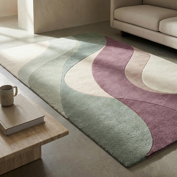 Purple and Sage Green Rug – Modern Abstract Hand Tufted Wool Area Rug