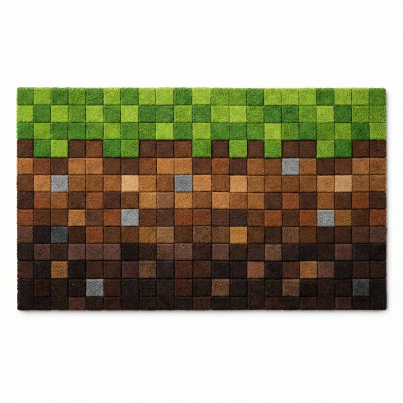 May include: A rectangular doormat with a pixelated design. The top portion is green, resembling grass, while the lower sections transition from light brown to dark brown, mimicking soil. Several gray squares are interspersed.
