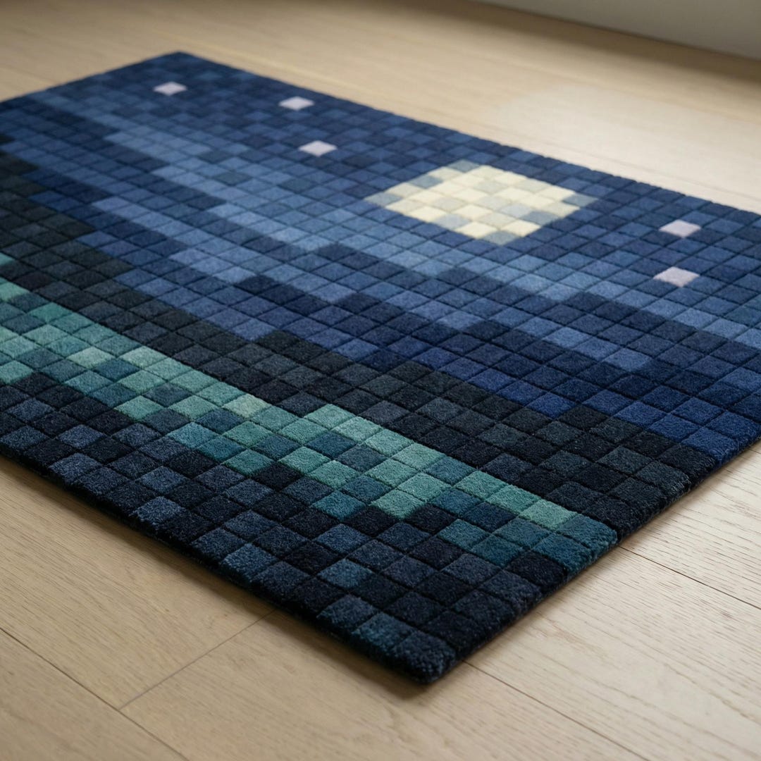 Noce Pixel Rug Handmade Wool Pixel Rug, Moon Ocean Night Sky Carpet - Etsy