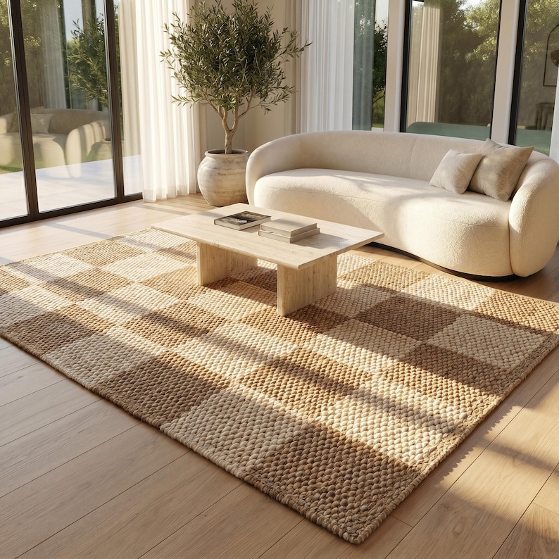 May include: A large, rectangular area rug with a checkerboard pattern in shades of beige and brown. The rug is placed on a hardwood floor in a living room setting. A light-colored sofa and coffee table are also visible.