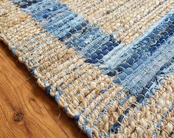 Jute Rug with Denim Border | Handwoven Boho Floor Accent