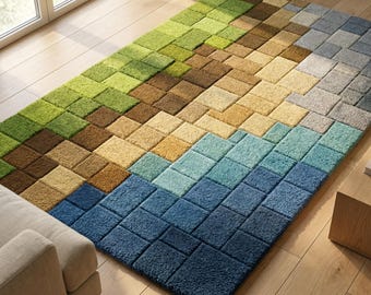May include: A rectangular area rug with a geometric design. The rug features a gradient of colors, transitioning from green to brown, beige, blue, and gray. The pattern is made up of square blocks, creating a textured appearance. The rug is placed on a wooden floor.