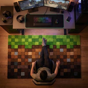 May include: A gaming setup featuring a multi-colored backlit keyboard, mouse, and dual monitors displaying a video game. A large, pixelated rug in shades of green, brown, and tan is on the floor. The rug's design resembles a video game landscape.