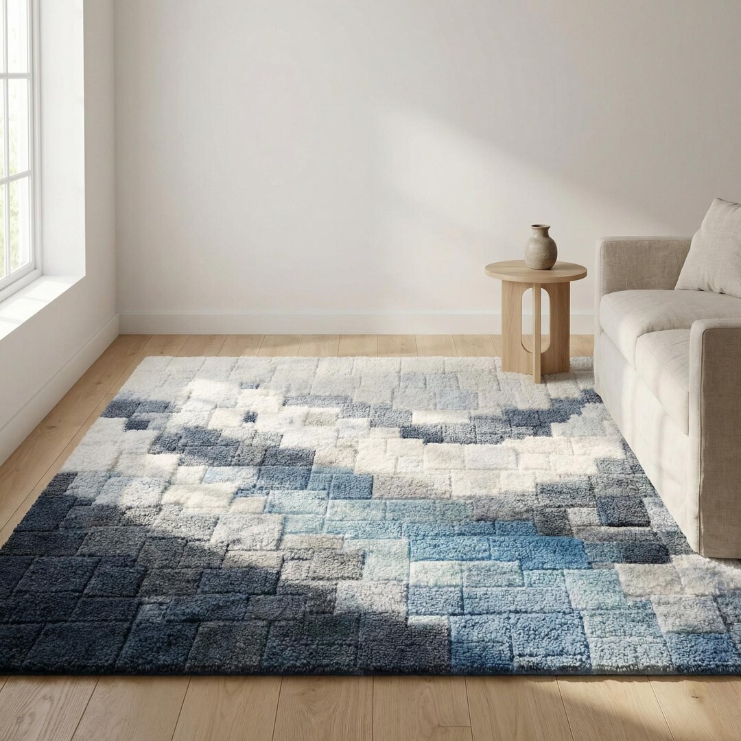 Hand Tufted Wool Pixel Rug, Blue Grey Snow Landscape - Etsy