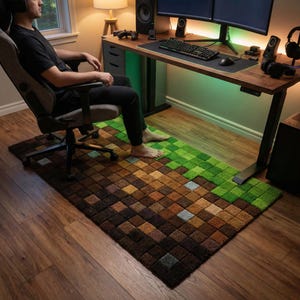 May include: A rectangular rug with a pixelated design in shades of brown and green, resembling a video game landscape. The rug is placed under a gaming desk and chair, adding a decorative element to the room.