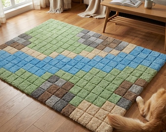 May include: A rectangular area rug with a pixelated design in shades of green, blue, beige, gray, and brown. The rug is made of a soft, textured material and is placed on a hardwood floor. A dog's tail is visible in the bottom right corner.