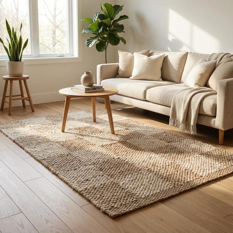 May include: A neutral-toned, rectangular area rug with a textured, woven design. The rug is placed on a hardwood floor in a living room setting, alongside a beige sofa, wooden coffee table, and potted plants. The rug's dimensions are approximately 5 x 8 feet.